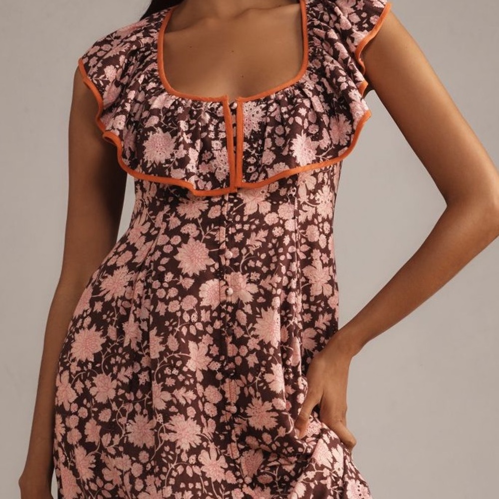 Anthropologie Pink and Brown Floral Dress